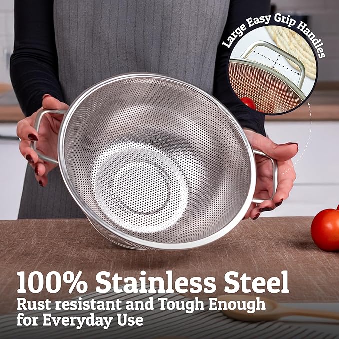 PriorityChef Premium 6Qrt Stainless Steel Colander for Kitchen, Durable Rice and Pasta Strainer with Handle, Rust-Resistant & Dishwasher Safe