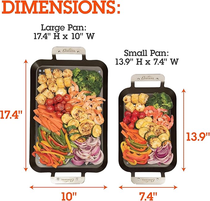 BBQ Grill Topper Grilling Pans (2 Pack)- Non-Stick Barbecue Trays w Stainless Steel Handles- Indoor Outdoor use for Meat, Vegetables & Seafood- Great for Thanksgiving Turkey Dinner & Holiday Xmas Gift