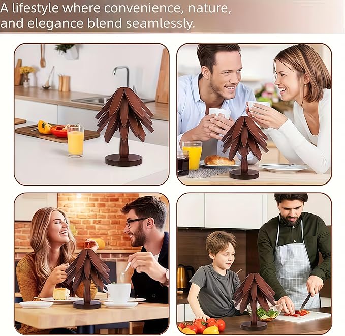 Christmas Tree Trivet Set of 5, Foldable Bamboo Hot Pad Holder for Hot Pots/Pans/Dishes, Walnut Brown Kitchen Serving Tray, Holiday Table Decor