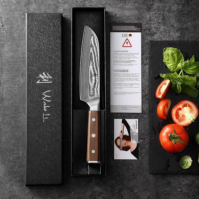 Wakoli HIK Damascus Santoku Knife – Full Tang Multipurpose Kitchen Knife | 7-Inch Blade Made of 67-Layer Damascus Steel with VG10 Core | Walnut Wood Handle | Sharp, Durable, Gift Box Included