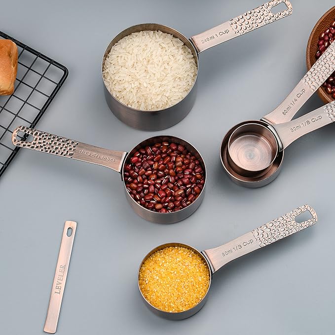 Smithcraft Copper Measuring Cups and Spoons Set 11, Dry Metal Measuring Cup Set for Cooking&Baking, Stainless Steel Measuring Cups and Spoons, 5 Measure Cups and 6 Kitchen Measurement Spoons & Leveler