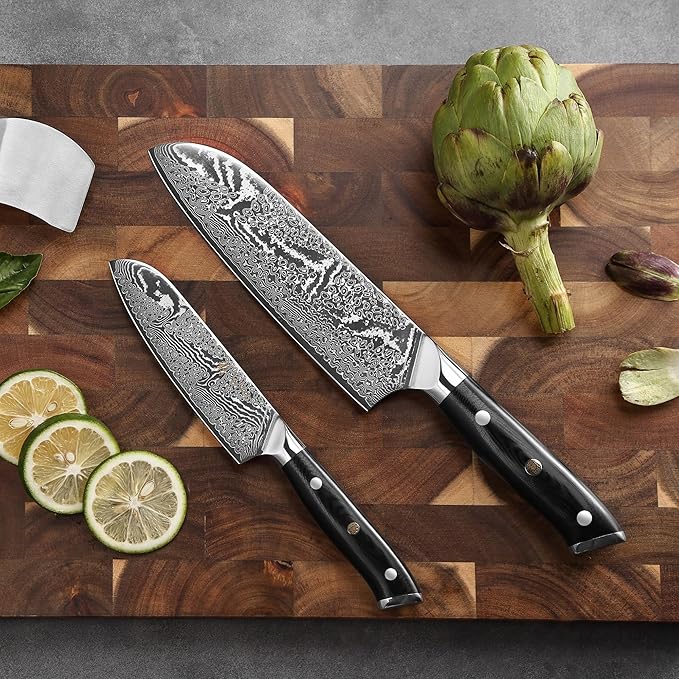 Wakoli Nitoko 2-Piece Kitchen Knife Set – Professional Damascus Chef Knives | 67-Layer VG10 Core Steel | Ergonomic G10 Handle | Santoku Knife & Small Santoku in Wooden Gift Box