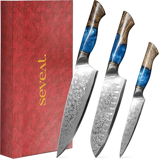Damascus Kitchen Knife Set, 67-Layer Damascus Steel, 3-Piece Professional Set: 13” Chef, 12.3” Santoku & 9.8” Utility Knife, Ergonomic Wood & Resin Handle, Ideal for Gifting (Blue, 3 pieces)