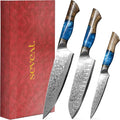 Damascus Kitchen Knife Set, 67-Layer Damascus Steel, 3-Piece Professional Set: 13” Chef, 12.3” Santoku & 9.8” Utility Knife, Ergonomic Wood & Resin Handle, Ideal for Gifting (Blue, 3 pieces)