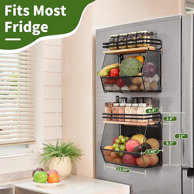 Imncya 2 Pack Magnetic Shelf for Fridge with Wood Lid, Large Container Magnetic Fruit Basket Spice Rack, Potato Onion Storage Organizer Magnetics Shelves for Refrigerator, Kitchen Counter, Pantry