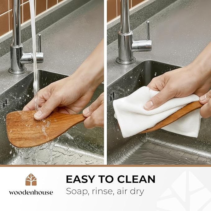 Wooden Spatula for Cooking, 12 Inch - Easy to Clean, Long-Lasting & Sturdy Natural Acacia Wood Spatula for Cooking - Wooden Spatulas with Comfortable Handle, Perfect for Flipping, Turning & Frying