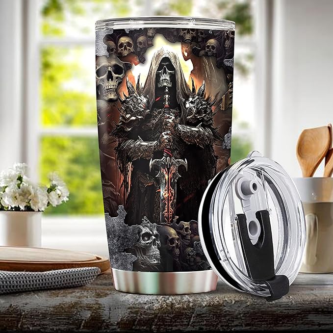 Skull Tumbler, Birthday Gifts For Men Who Love Skulls Coffee Mug Cup Christmas Valentine Gift Water Bottle Black Tumblers 20oz Stainless Steel Travel Cups With Lid