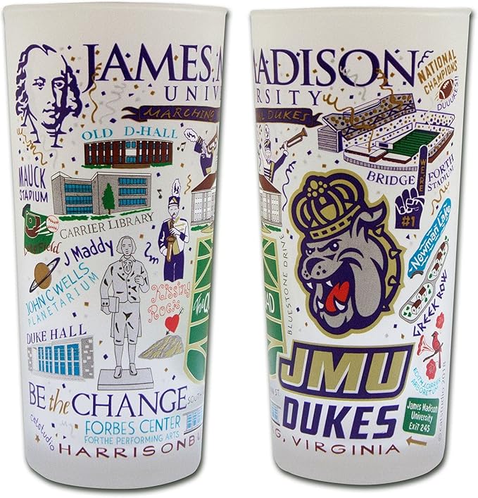 Catstudio Drinking Glass, James Madison University Glass Cup for Kitchen, 15oz Dishwasher Safe Tumbler for JMU Alumni