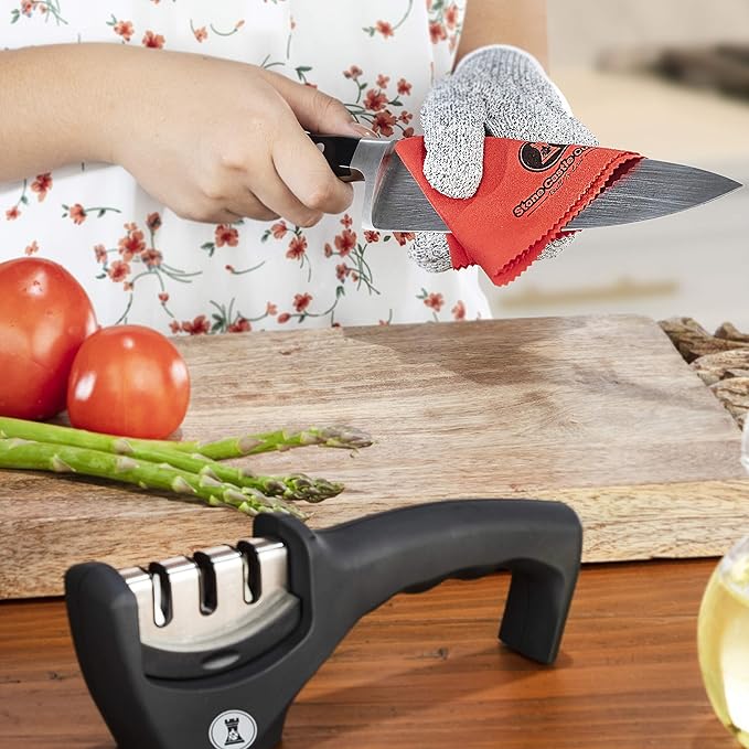 Knife Sharpeners for Steel and Ceramic Kitchen Knives - Manual Handheld System to Safely Sharpen and Hone your Knife - Includes Cut Resistant Glove and Blade Cloth (Black)