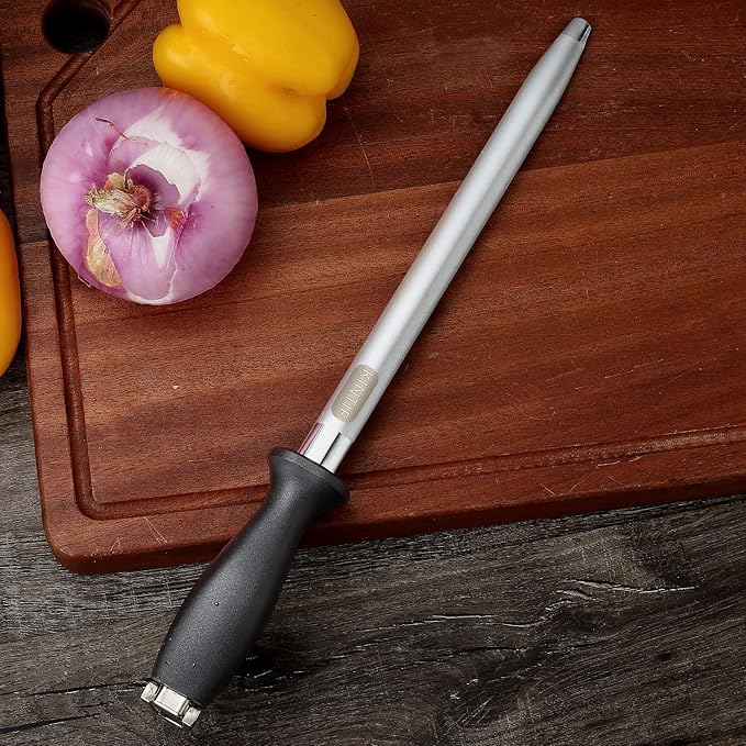 Diamond Honing Steel 10 inch Professional Knife Sharpening Steel, Flat Knife Honing Rod, Diamond Carbon Steel, Sharpener for Honing Knife Blades, Chef Knives