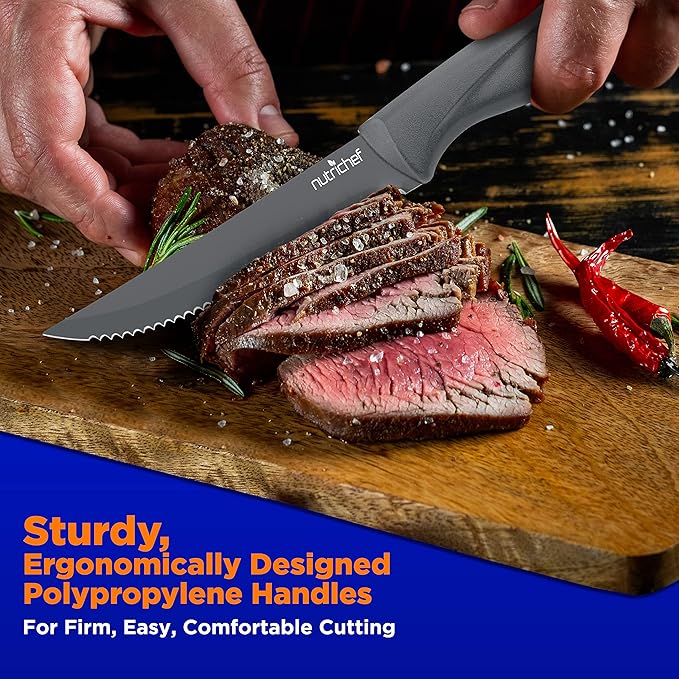 NutriChef SereneLife Stainless Steel Knife Set, 8 Pcs. - Non-Stick Coating, Sharp Serrated Blades, Professional Kitchen Set, Rust-Resistant, Dishwasher Safe, Ideal for BBQ & Grilling, Gray