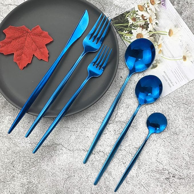 JASHII Silverware Set, Mirror Polished Blue Flatware Cutlery Set Service for 6, Shiny Finish 36 Pieces Stainless Steel Utensils Set Dinner Knife Fork Spoon Dessert Fork Salad Spoon Dishwasher Safe