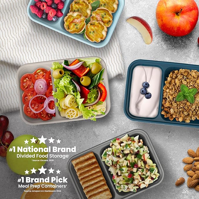 Bentgo Prep - 2-Compartment Snack Containers with Lids - Reusable, Microwaveable, Durable, PFAS & BPA-Free, Freezer and Dishwasher-Safe Meal Prep Food Storage - 10 Trays & 10 Lids (Pewter)