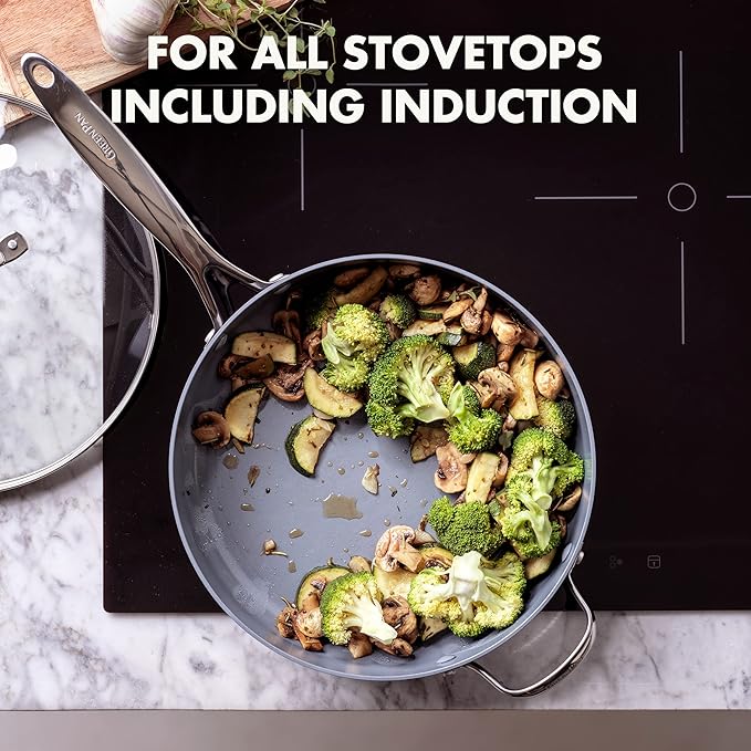 GreenPan Valencia Pro Hard Anodized Healthy Ceramic Nonstick 4.5QT Saute Pan Jumbo Cooker with Lid, PFAS-Free, Induction, Dishwasher Safe, Oven Safe, Gray