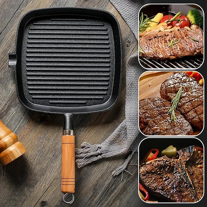Grill Pan, 8.6 inch Cast Iron Grill Pans for Stove Tops Indoor Outdoor Cooking, Griddle Pan with Pour Spouts, Skillet for Searing Steak, PFOA Free - Naturally Nonstick Surface When Seasoned