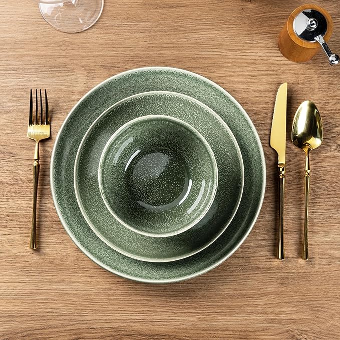 AmorArc Ceramic Dinnerware Sets for 6, 18 Pieces Handpainted Plates and Bowls Set, Scratch Resistant Stoneware Dishes Set, Dishwasher & Microwave Safe, Jade Green
