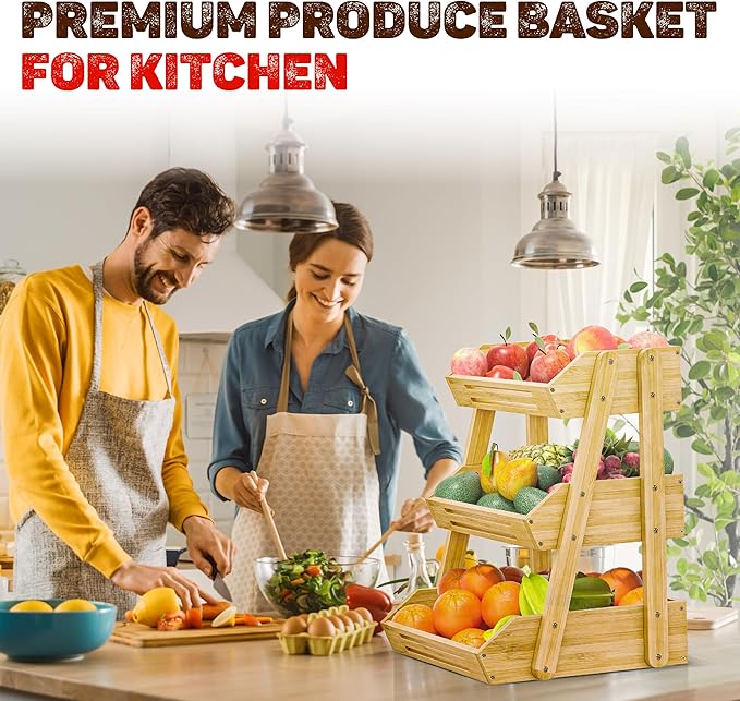 [Upgraded] Bamboo Fruit Basket with 4 Legs, 3-Tier Fruit Stand Storage Holder, Detachable Fruit Bowl for Countertop, Vegetable Holder for Kitchen Counter Organizer, Snack & Bread Storage Basket Stand