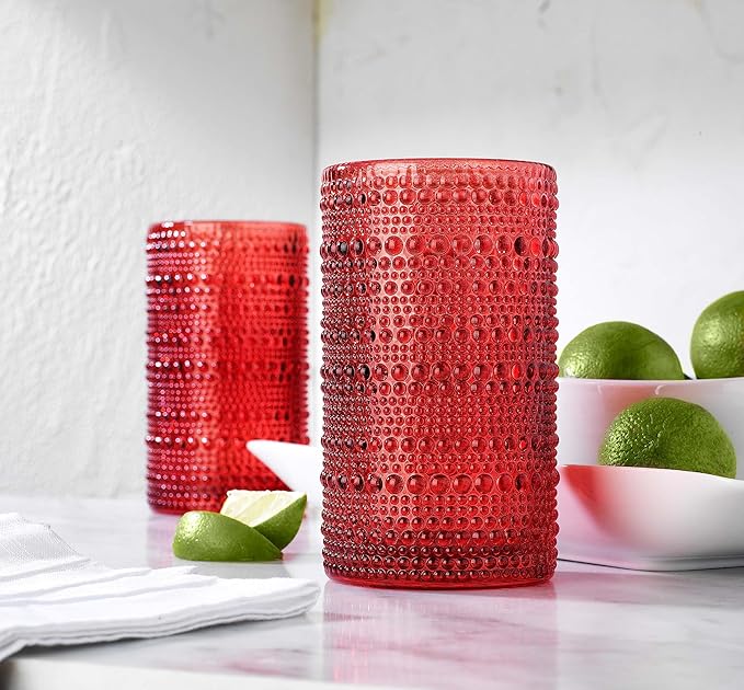 Glaver's Drinking Glasses Set of 4 Red Vintage Glassware. Christmas 15 Oz. Everyday and Holiday Dinner Beaded Drinking Glasses for Water, Juice, Cocktail.