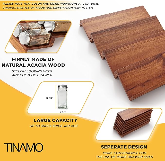 Tinamo Acacia Wooden Spice Rack Organizer for Cabinet - Spice Drawer Insert, Spice Organization for Cabinet, Seasoning Organizer, Spice Holder Pack of 8 (Acacia pack 4)