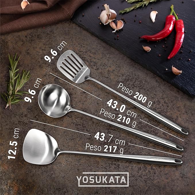 YOSUKATA Blue Round Bottom Wok Pan – 14" Woks and Stir Fry Pans + Wok Lid 13.6 Inch - Premium Stainless Griddle Dome with Tempered Glass + 17" Wok Spatula and Ladle and Turner