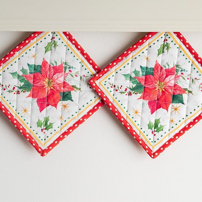 Maison d' Hermine Pot Holders Set 100% Cotton Heat Resistant Potholders 8" x 8" Hot Pads with Loop for Thanksgiving Christmas Decorations Baking Handling Hot Pans (Pack of 2, Poinsettia Christmas)