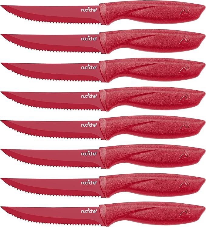NutriChef SereneLife Stainless Steel Knife Set, 8 Pcs. - Non-Stick Coating, Sharp Serrated Blades, Professional Kitchen Set, Rust-Resistant, Dishwasher Safe, Ideal for BBQ & Grilling, Red