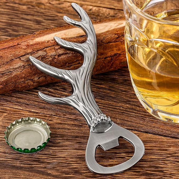 LKKCHER Deer Reindeer Antlers Beer Bottle Opener, Father's Day & Christmas Gifts for Men, Women & Hunters, Dark Silver