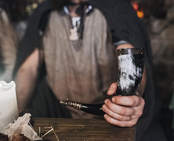 Norse Tradesman Genuine 20" Ox-Horn Viking Drinking Horn with Antique Brass Rim & Wolf Tip, Fitted Stand & Burlap Gift Sack - The Fenrir, 20-Inches, High Polish