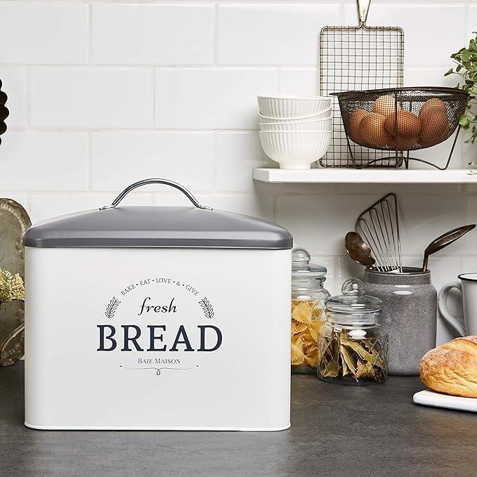 Extra Large White Farmhouse Bread Box for Kitchen Countertop - Breadbox Holder Fits 2+ Loaves - Bread Storage Container Bin - Rustic Bread Keeper Vintage Metal Kitchen Decor for Counter (Grey Lid)