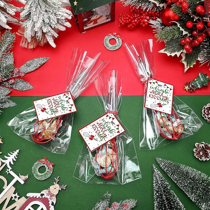 Zhehao 12 Sets 10 Inch Christmas Whisk Baking Gifts Sets Includes Stainless Steel Whisk Greeting Cards Ribbon and Plastic Bags for Neighbor Family Cooking Supplies Christmas Stocking Stuffers Ideas