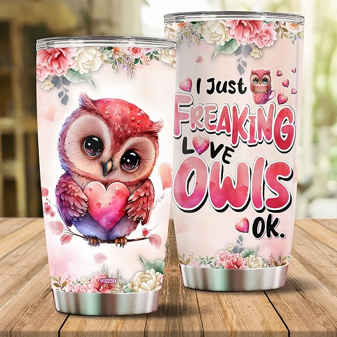 Owl Tumbler 20oz Cute Animal Gift for Women, Girls Who Freaking Love Owls Woodland Lovers Heart Perfect Wife Daughter Insulated Stainless Steel Coffee Cup with Lid