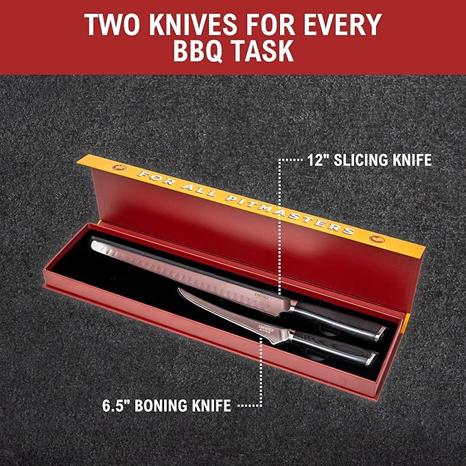 Smoke Kitchen BBQ Knife Set – 12" Brisket Slicing Knife & 6.5" Boning Knife – VG-10 Steel, Full Tang, G10 Handle – Trim, Slice & Carve Brisket, Ribs, Chicken, Pork – Pitmaster Gift