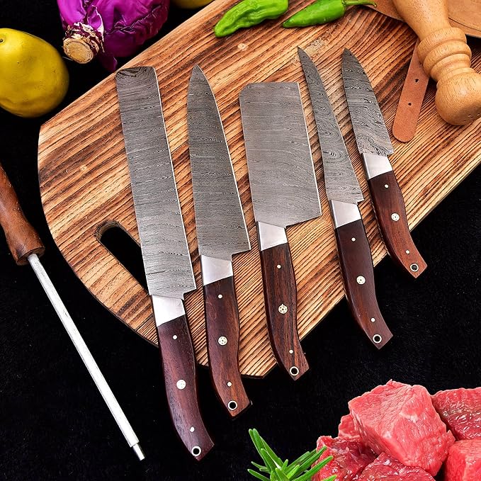 HM-(Brown) Custom Made Damascus Steel #6 Pcs of Professional Utility Kitchen knives Set Comes with Sweet Leather Roll Kit (3712)