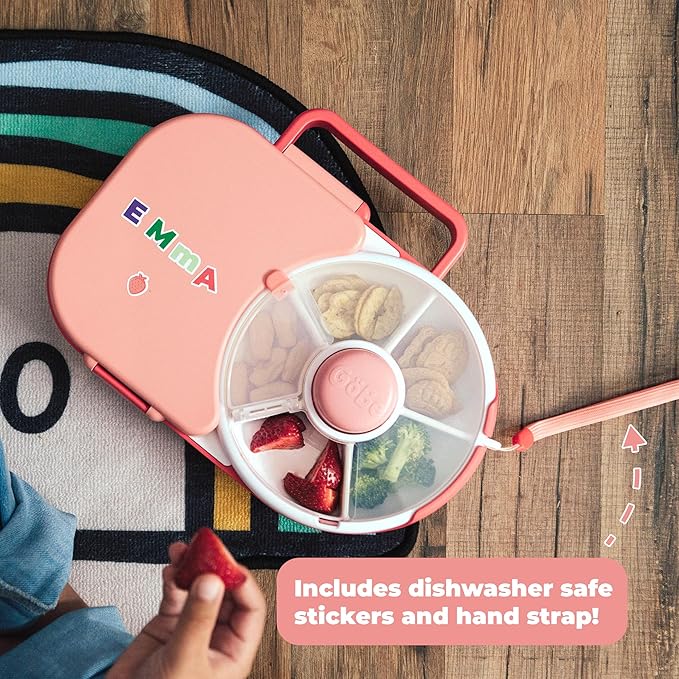 GoBe Kids Lunchbox with Small Snack Spinner Flip - Bundle with Hand Strap & Sticker Sheet, 2-in-1 Bento Style Lunch Container, 5 Small +1 Large Sandwich Compartment, BPA & PVC Free - Mint Green