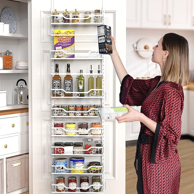 Moforoco 8-Tier Over the Door Pantry Organizers and Storage, Black Hanging Kitchen Basket Organization, Wall mount Spice Rack Behind Cabinet Door Seasoning Shelves, Bathroom Home Bedroom Organizer