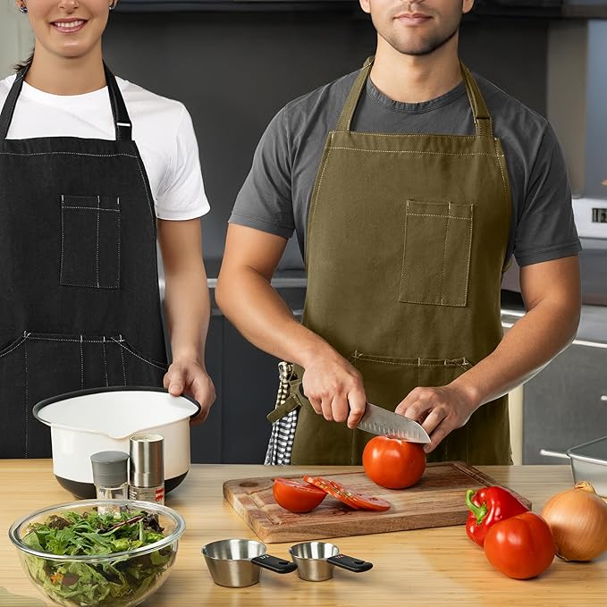 opux Chef Apron for Men, Kitchen Apron with Pockets for Women, Large Unisex Canvas Apron for Cooking Grilling BBQ Baking.