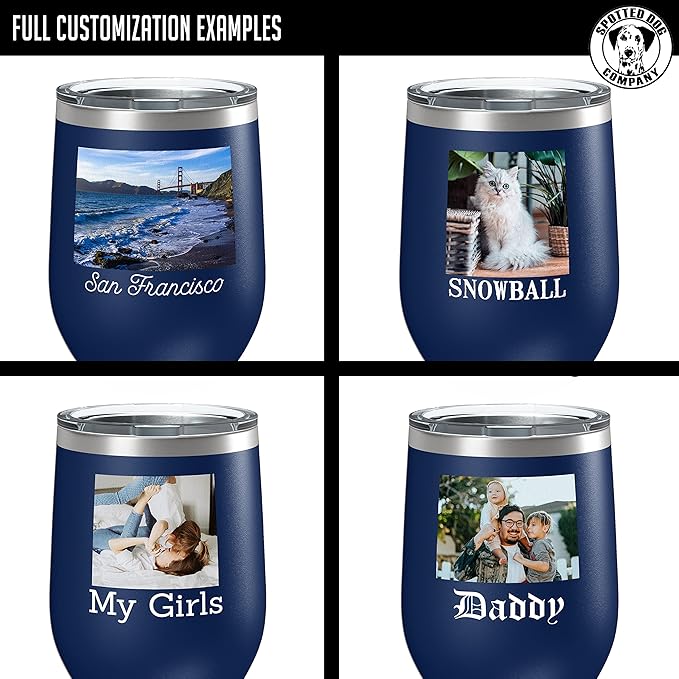Personalized 12oz (17 Colors) Mother's Day Photo Picture Printed Insulated Stainless Steel Powder Coated Stemless Wine Tumbler with Lid, Customized Gift Idea Her, Coach Gifts Team Mom Dad (Navy Blue)
