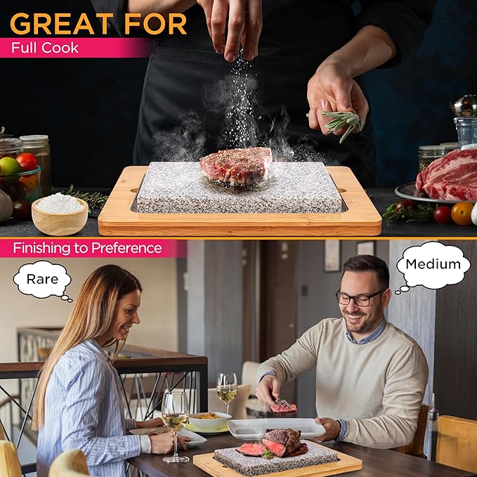 NutriChef Sizzle Hot Cooking Stone Grill with Bamboo Platter, Tabletop Granite Stone Grill with Non-Slip Handles, Adjustable Temperature Control, 550°F Max Heat - Perfect for Meats and Vegetables