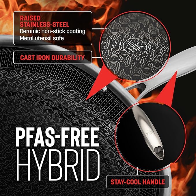 Hell's Kitchen Hybrid Fry Pan, Tri-Clad Stainless and Nonstick Ceramic PFAS Free, no PFOA, no PTFE, no Teflon, Non Toxic Cookware, Metal Utensil Safe, All Cooktops, Oven Safe (6 Piece Set with Lids)