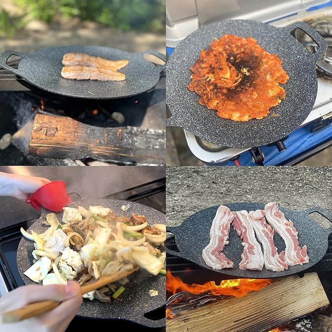 Korean Style BBQ Grill Pan for Stove Top, Camping and IH, 13" Round Griddle With Double Bottom, Non-stick Coating Frying Pan
