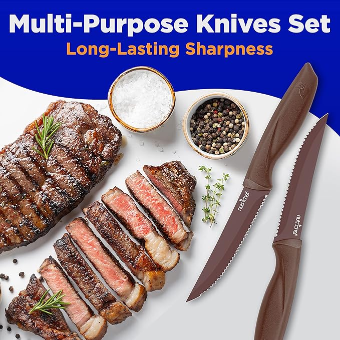 NutriChef SereneLife Stainless Steel Knife Set, 8 Pcs. - Non-Stick Coating, Sharp Serrated Blades, Professional Kitchen Set, Rust-Resistant, Dishwasher Safe, Ideal for BBQ & Grilling, Yellow