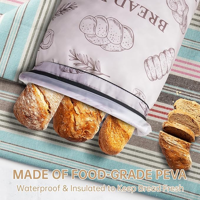 NiHome 2PCS Reusable Bread Storage Zipper Bags for Homemade Bread, 17"x12" Large Capacity Bags, Freezer Storage Zipper Bag, Double-Layer Protection with Waterproof & Oil-Resistant Lining