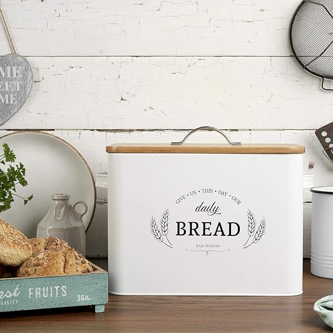 Baie Maison Extra Large White Farmhouse Bread Box for Kitchen Countertop - Breadbox Holder Fits 2+ Loaves - Bread Storage Container Bin - Rustic Bread Keeper Vintage Metal Kitchen Decor for Counter