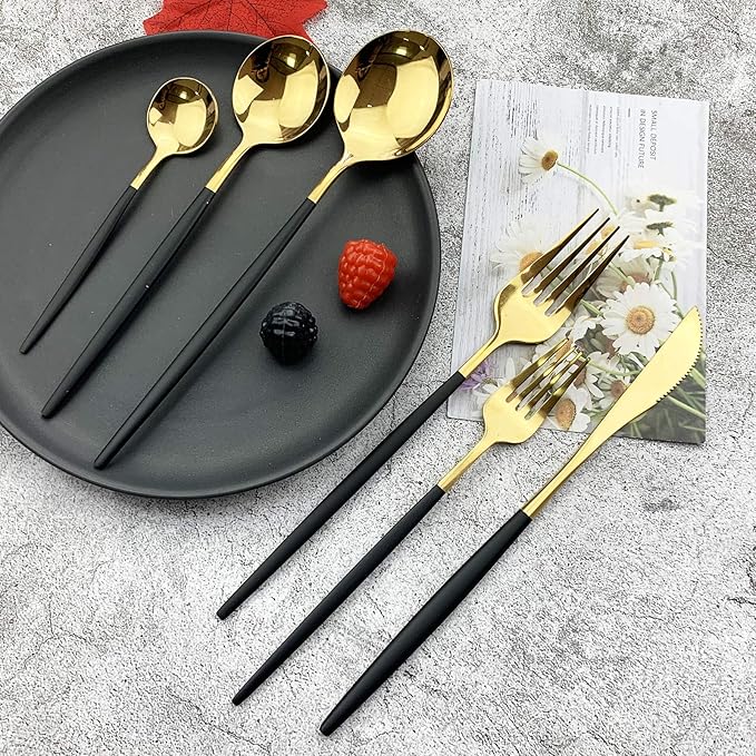 JASHII 18/10 Silver Silverware Set Stainless Steel Flatware Utensils Set Gold Cutlery Set| 36-Piece Modern Cubiertos Dorados| BEST Birthday Wedding Gift (6 sets, Black Handle Gold Mirror Polish)