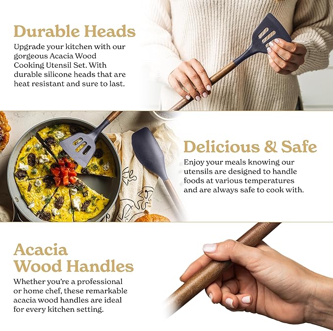 Silicone Kitchen Utensils Set & Holder: Cooking Utensils Set - Kitchen Essentials for New Home & 1st Apartment- Silicone Spatula Set, Cooking Spoons for Nonstick Cookware (Acacia Wood, Grey)