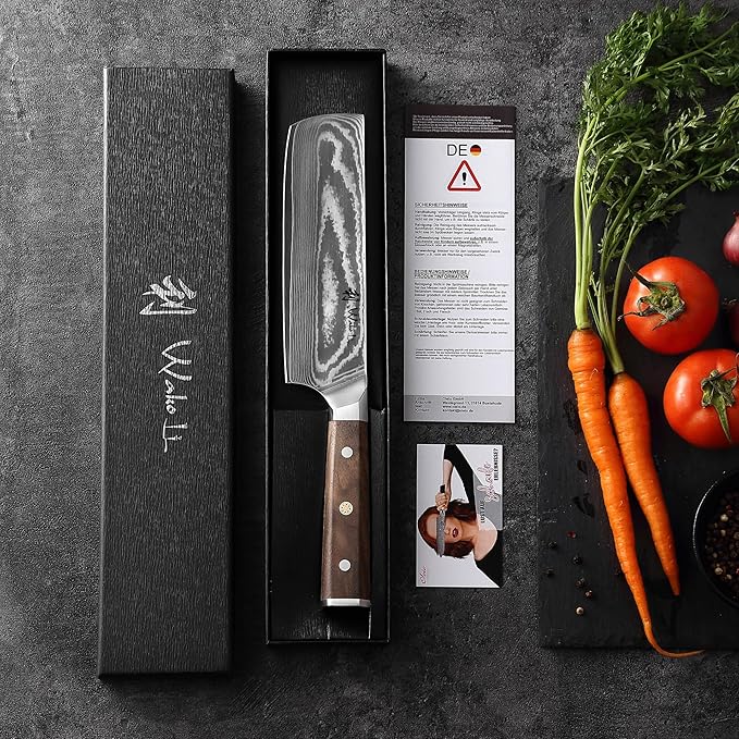 Wakoli HIK Damascus Nakiri Knife – Full Tang Vegetable Knife | 7-Inch Blade Made of 67-Layer Damascus Steel with VG10 Core | Walnut Wood Handle | Sharp, Durable, Gift Box Included