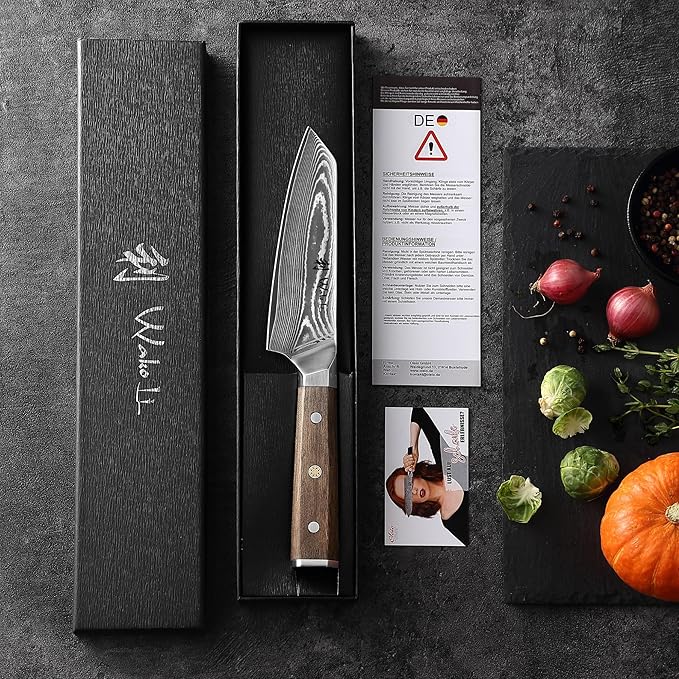 WakoliCDamascus Kiritsuke Knife – Full Tang Chef Knife | 6-Inch Blade Made of 67-Layer Damascus Steel with VG10 Core | Walnut Wood Handle | Sharp, Durable, Gift Box Included