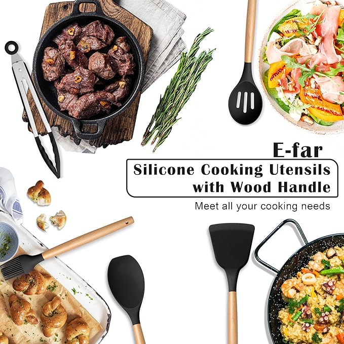 E-far Black Kitchen Utensils Set with Holder, 25-Piece Silicone Cooking Utensil Set with Wooden Handle for Nonstick Cookware, 446°F Heat Resistant Kitchen Tool Spatula Tongs Whisk, Non-toxic & Healthy