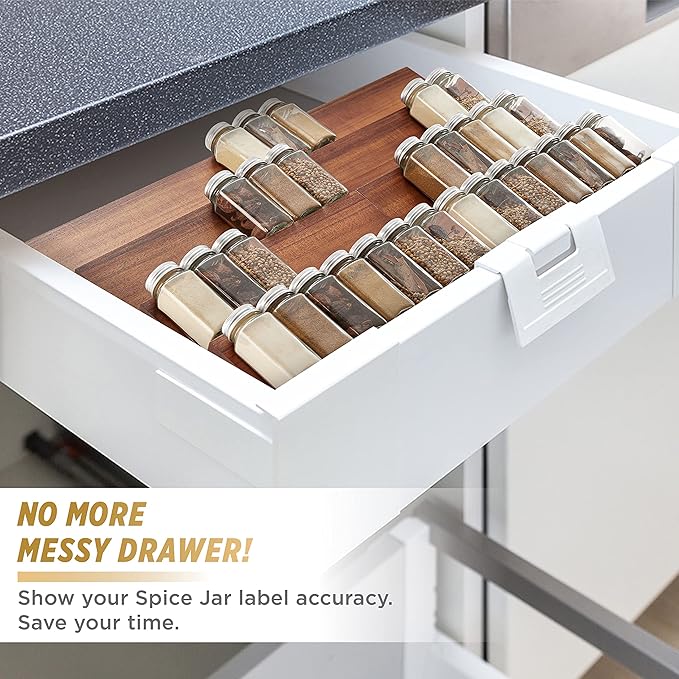 Tinamo Acacia Wooden Spice Rack Organizer for Cabinet - Spice Drawer Insert, Spice Organization for Cabinet, Seasoning Organizer, 4-Tier Spice Jar Rack for Drawer, Spice Holder Pack of 8 (64 Jars)
