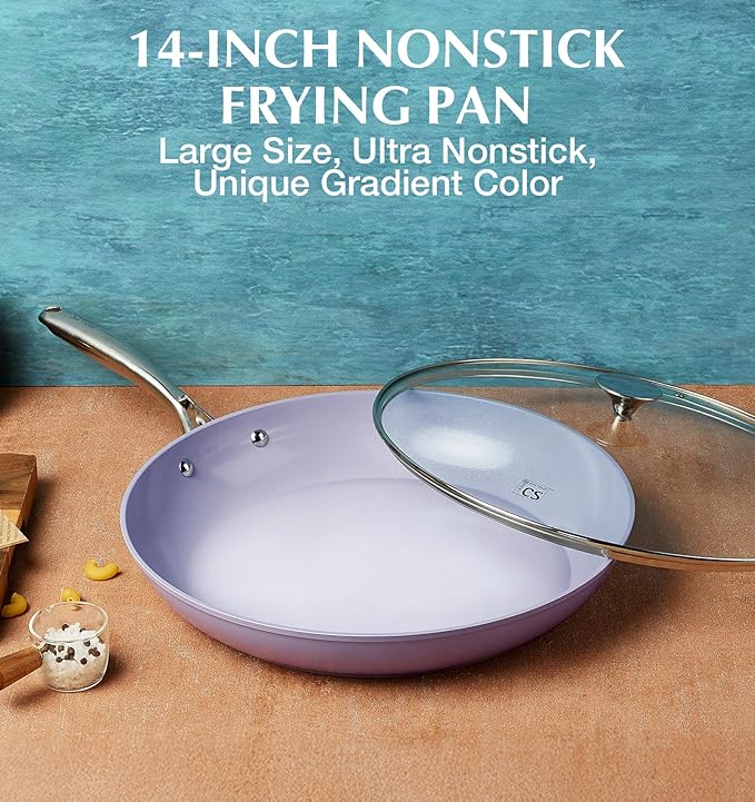 KOCH SYSTEME CS 14 Inch Frying Pan with Lid, Large Skillet with Lid, Extra Large Fry Pan for Family & Commercial Use, Oven Safe, 14 Inch Skillet Lids, Induction Compatible, Purple